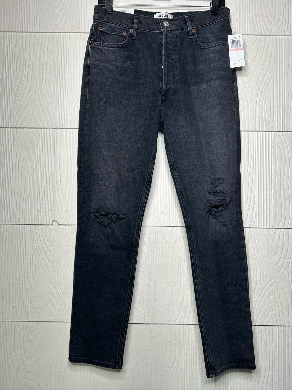 Agolde Washed Black High-Rise Slim Straight Jeans with Knee Distress